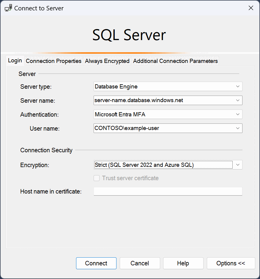 Azure SQL 用の接続ダイアログのスクリーンショット。