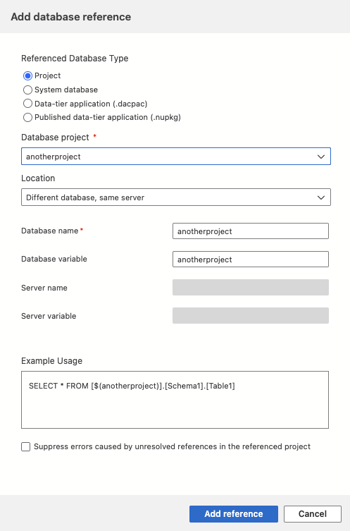 Azure Data Studio の追加参照ダイアログのスクリーンショット。