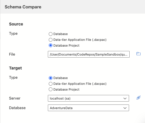 Azure Data Studio のスキーマ比較ソース選択ダイアログのスクリーンショット。