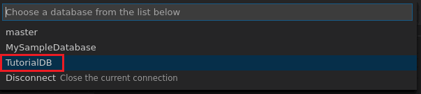 Visual Studio Code、データベース選択のスクリーンショット。