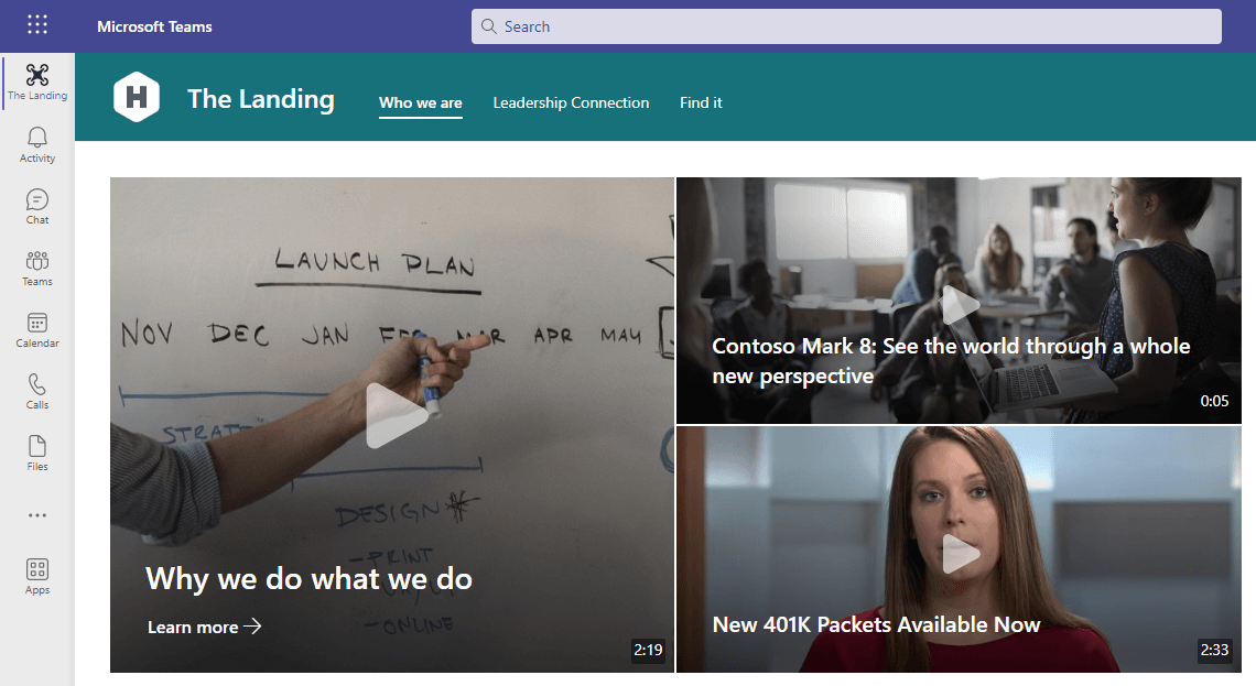 Teams のタブとしてViva Connectionsを介して表示される組織のイントラネット ホーム ページ。動画は、ヒーロー Web パーツのページの上部に表示されます。