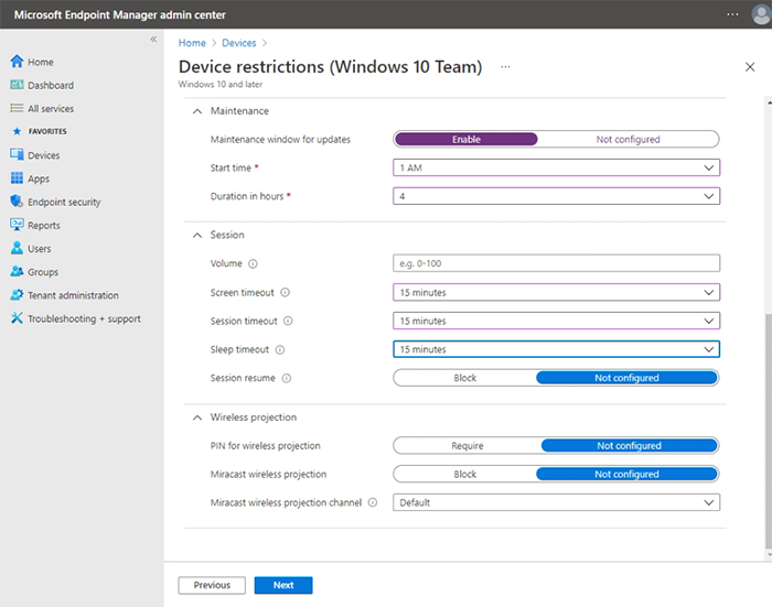 Intune デバイス制限プロファイルを使用した Surface Hub 設定の構成を示すスクリーンショット。