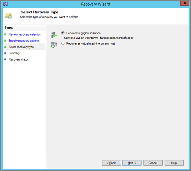 ウィザードの [回復の種類] のスクリーンショット。