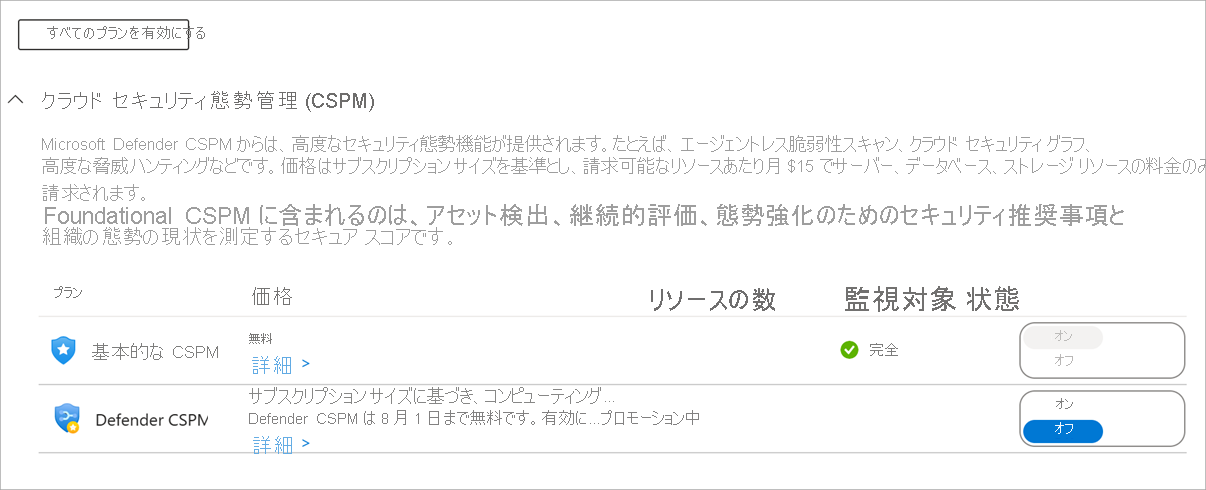 基本的な CSPM とDefender CSPM オプションを示すスクリーンショット。