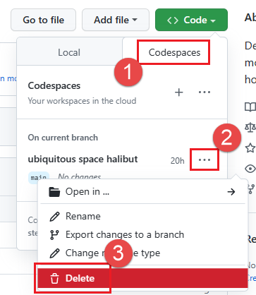 Codespace を削除しているときのスクリーンショット。