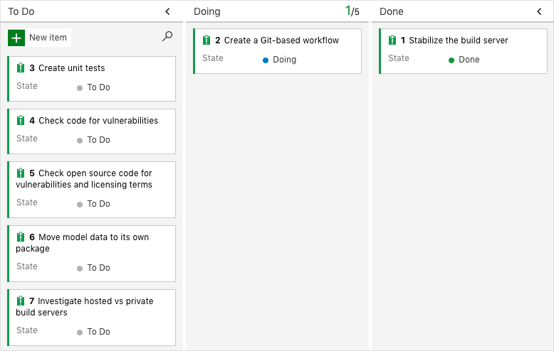 [実行中] 列に作業項目が示されている Azure Boards のスクリーンショット。