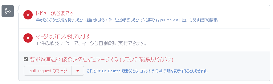 マージするためにはレビューが必要であることを示す GitHub 上の pull request のスクリーンショット。