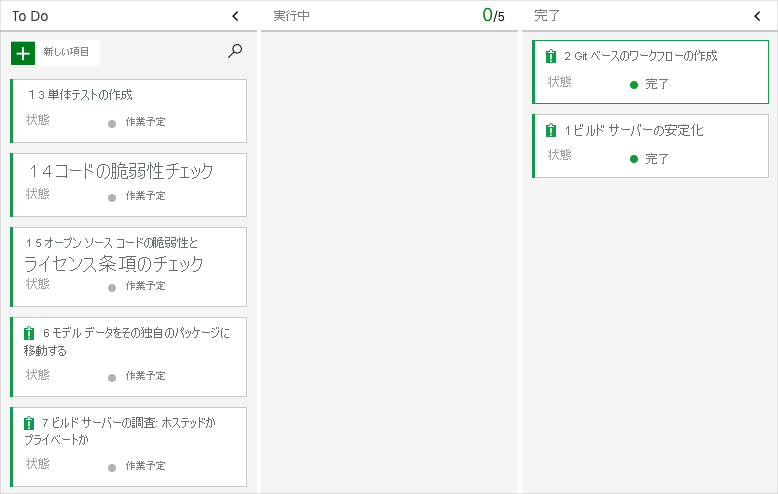 [完了] 列に作業項目が表示されている Azure Boards のスクリーンショット。