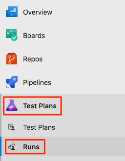 [Test Plans] セクションと [Runs] タブが強調表示されている Azure DevOps ナビゲーション メニューのスクリーンショット。