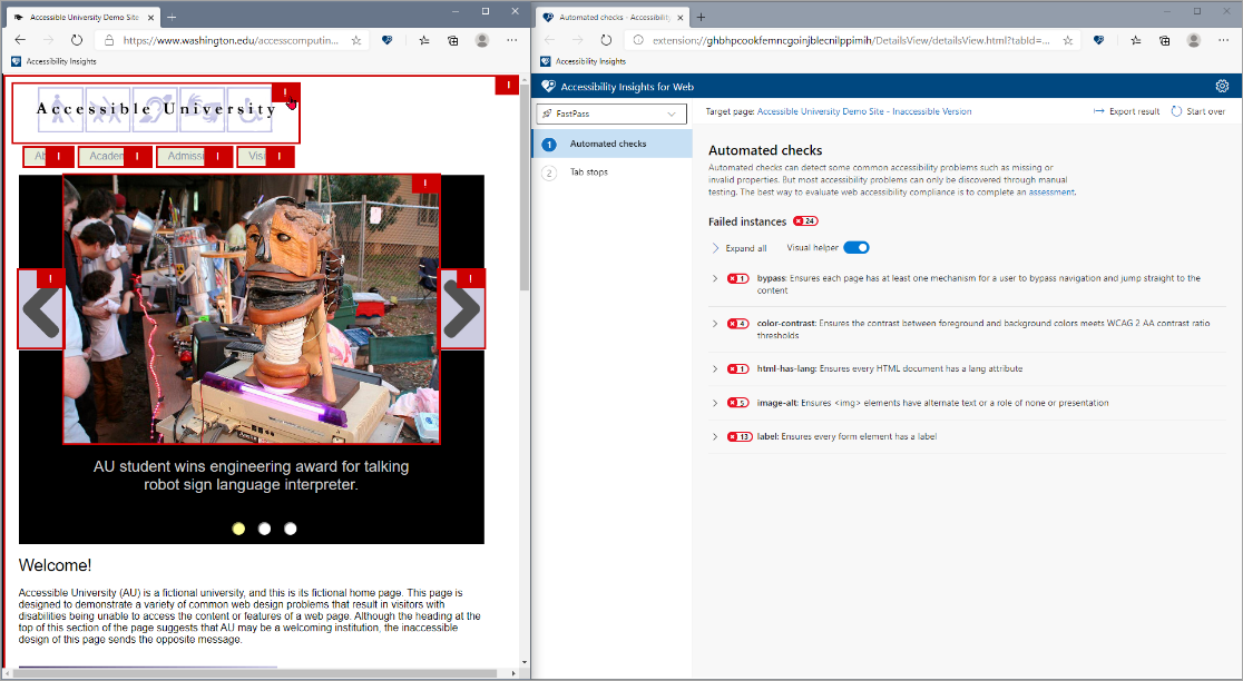 Web チェック用の Accessibility Insights のサンプルのスクリーンショット。エラーはターゲット ページの左側で強調表示され、右側の [Accessibility Insights Automated checks]\(Accessibility Insights の自動チェック\) ページにも表示されます。