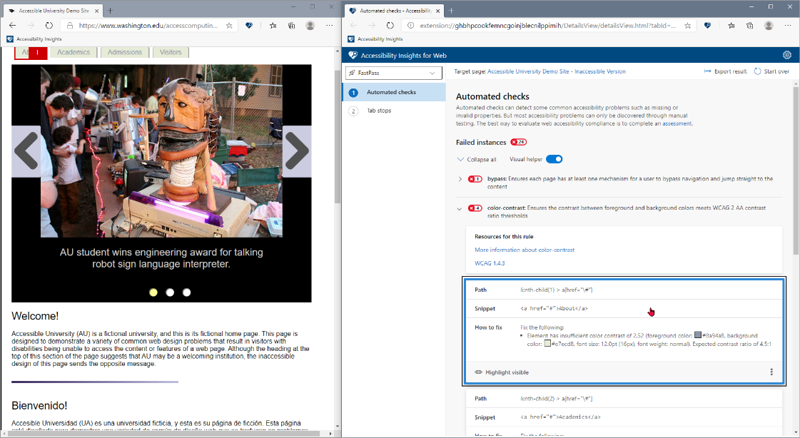 右側の Accessibility Insights の [自動チェック] ページで選択された失敗が左側のターゲット ページで強調表示されている Accessibility Insights for Web チェックのサンプルのスクリーンショット。