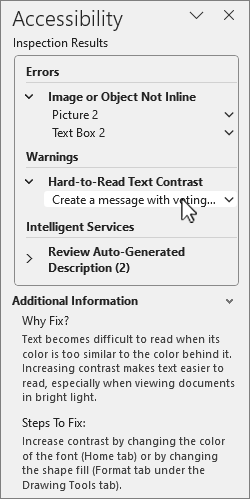 [Accessibility Inspection Results]\(アクセシビリティ検査の結果\) ウィンドウのスクリーンショット。