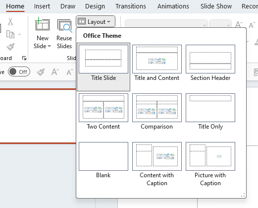 PowerPoint のさまざまなレイアウトのドロップダウン メニューのスクリーンショット。