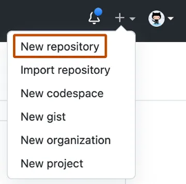 GitHub.com の右上隅にあるプラス記号のドロップダウン メニューのスクリーンショット。最初のオプションは [新しいリポジトリ] です。