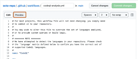 yml ファイルのスクリーンショット。左上のプレビュー ボタンが強調表示されています。