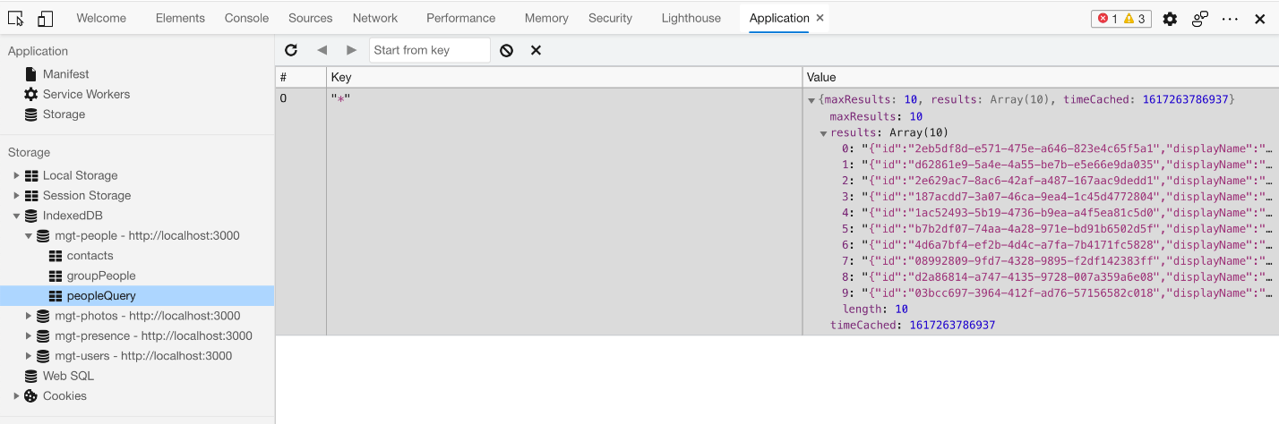 ブラウザーの開発者ツールで強調表示されたキャッシュ データを含む IndexedDB セクションのスクリーンショット。