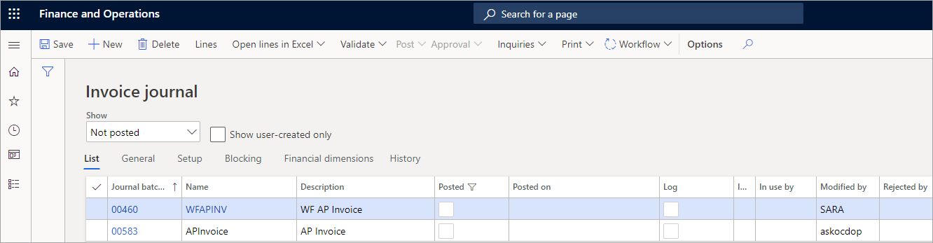 Dynamics 365 Finance の [請求仕訳帳] ページのスクリーンショット。