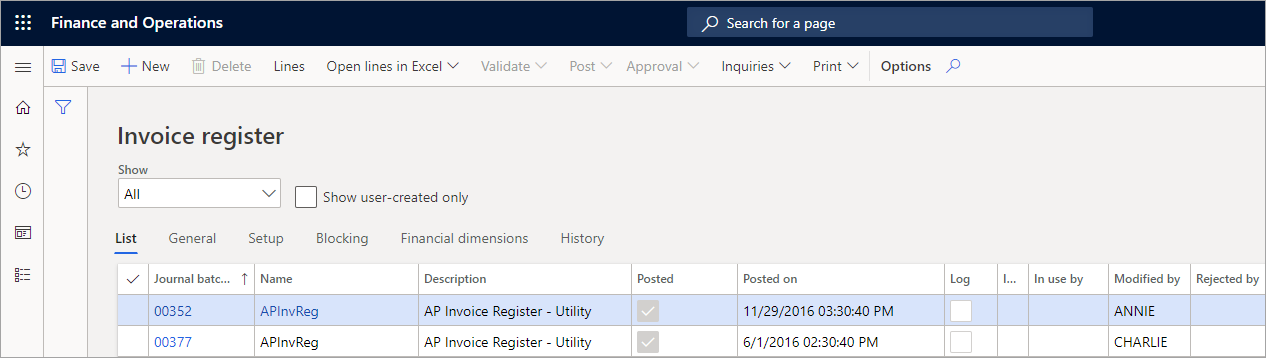 Dynamics 365 Finance の [請求書登録] ページのスクリーンショット。