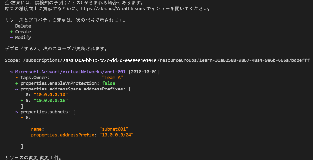 What-If 操作の出力を示す Azure CLI のスクリーンショット。