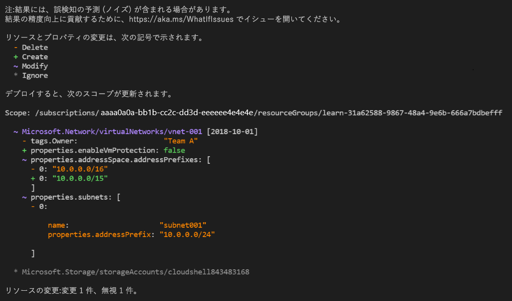 What-If 操作の出力を示す Azure PowerShell のスクリーンショット。