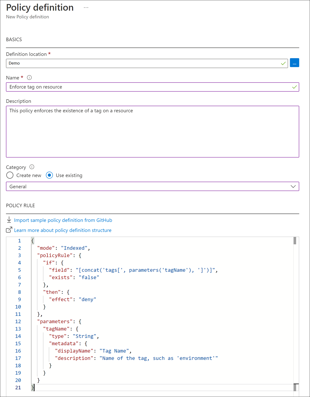 [新しいポリシー定義] ダイアログを示す Azure portal のスクリーンショット。