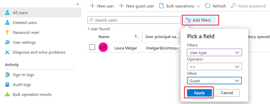 Azure portal のスクリーンショット。ゲスト ユーザー向けの Microsoft Entra ID フィルタリングが表示されています。