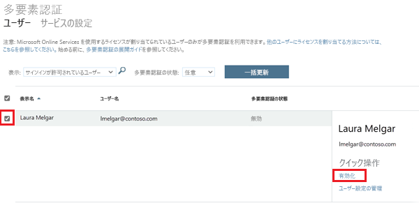 クイック操作リンクを使用してユーザーの多要素認証をオンにする方法を示すスクリーンショット。
