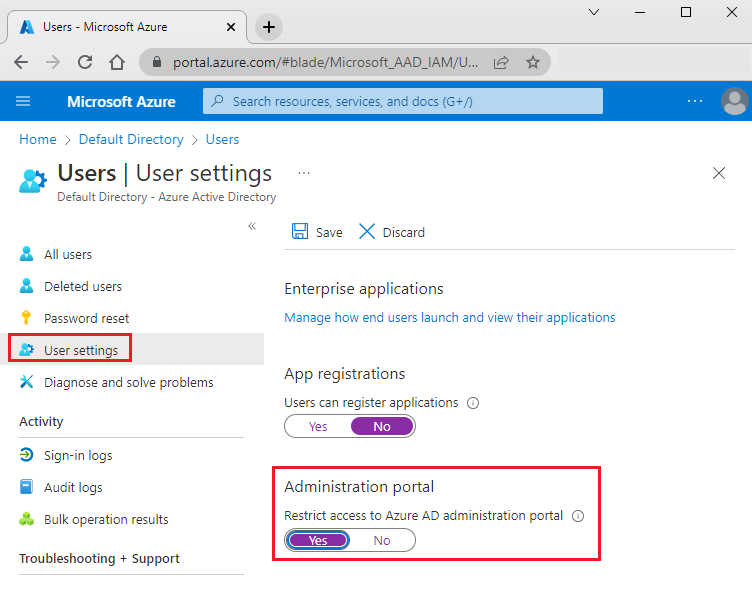 Azure portal のスクリーンショット。[Microsoft Entra 管理ポータルへのアクセスを制限する] オプションが [はい] に設定されています。