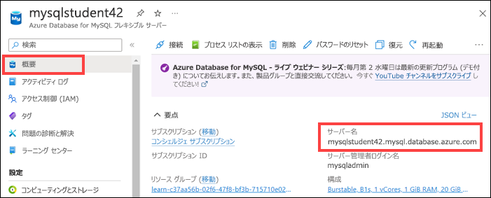 左側メニューで強調表示された [概要] メニュー項目と、[Essentials] セクションで強調表示されたサーバー名を表示したスクリーンショット。