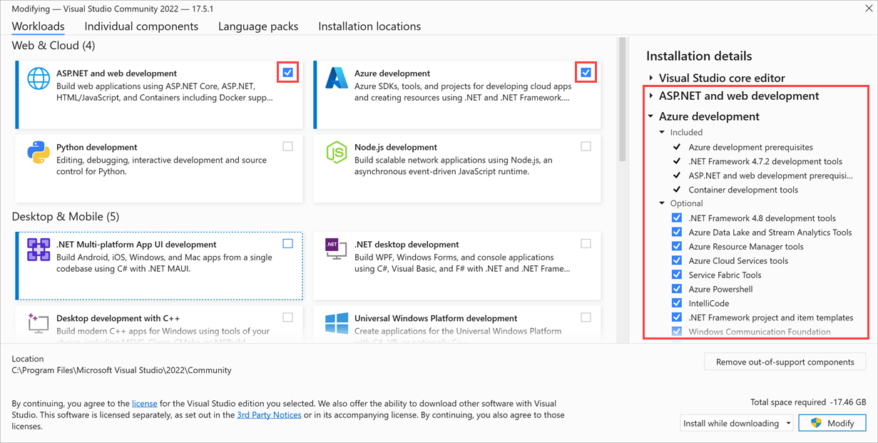 Visual Studio 2022 で ASP.NET と Azure の開発ワークロードが強調表示されているスクリーンショット。