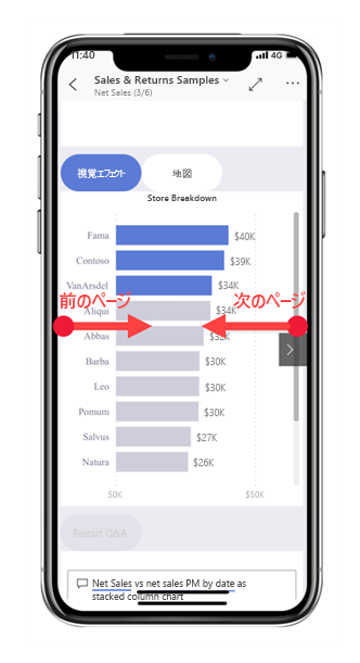 左右にスワイプするページの参照のスクリーンショット。