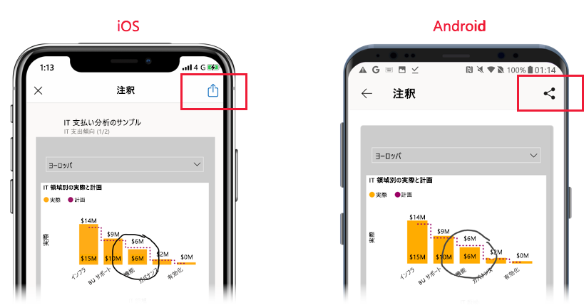 [注釈] ページの [共有] オプションのスクリーンショット。