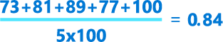 (73 + 81 + 89 + 77 + 100)/(5 x 100) = 0.84