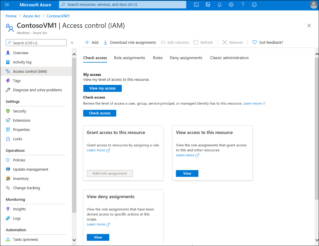 選択した VM の Azure portal でのアクセス管理 (IAM) ページのスクリーンショット: ContosoVM1。詳細ペインには複数のタブが表示されます。アクセス (選択済み)、ロールの割り当て、拒否の割り当て、クラシック管理者、ロールを確認します。