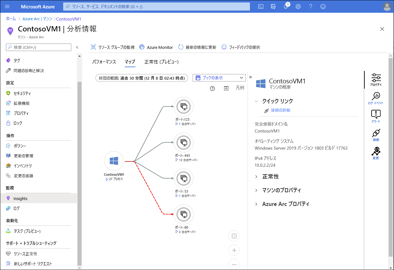 Azure 内の VM の [分析情報] ページの [マップ] タブを示すスクリーンショット。開いている TCP ポートの詳細と共に ContosoVM1 が表示されます。VM の概要も表示されます。VM のオペレーティング システムと IP アドレスに加えて、正常性、マシンのプロパティ、Azure VM のプロパティへのリンクが表示されます。プロパティ (選択済み)、ログ イベント、アラート、接続にアクセスするための 3 つのボタンが表示されます。