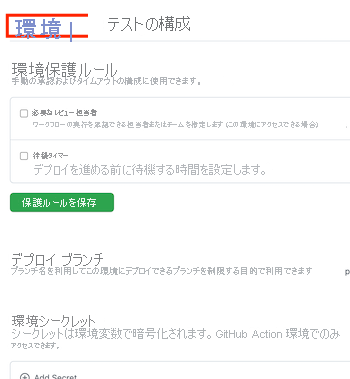 Test という名前の新しい環境の GitHub ページのスクリーンショット。[環境] リンクが含まれています。