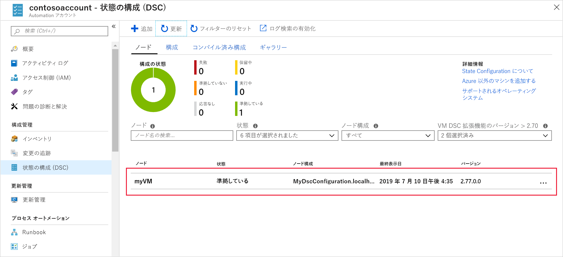 myVM が登録された [ノード] ペインが示されている Azure portal のスクリーンショット。