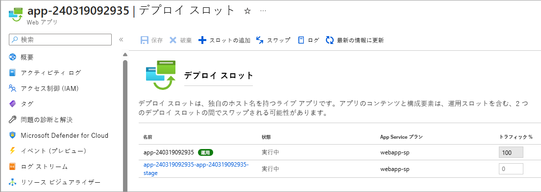 Azure portal を使用したデプロイ スロットのスワップのスクリーンショット。