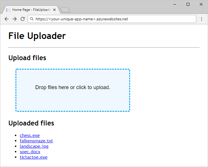 C# 用の FileUploader Web アプリのスクリーンショット。