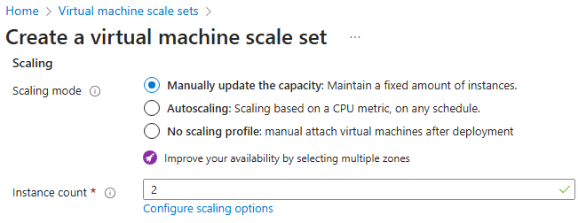 Azure portal でスケーリング方法を選択するための設定のスクリーンショット。