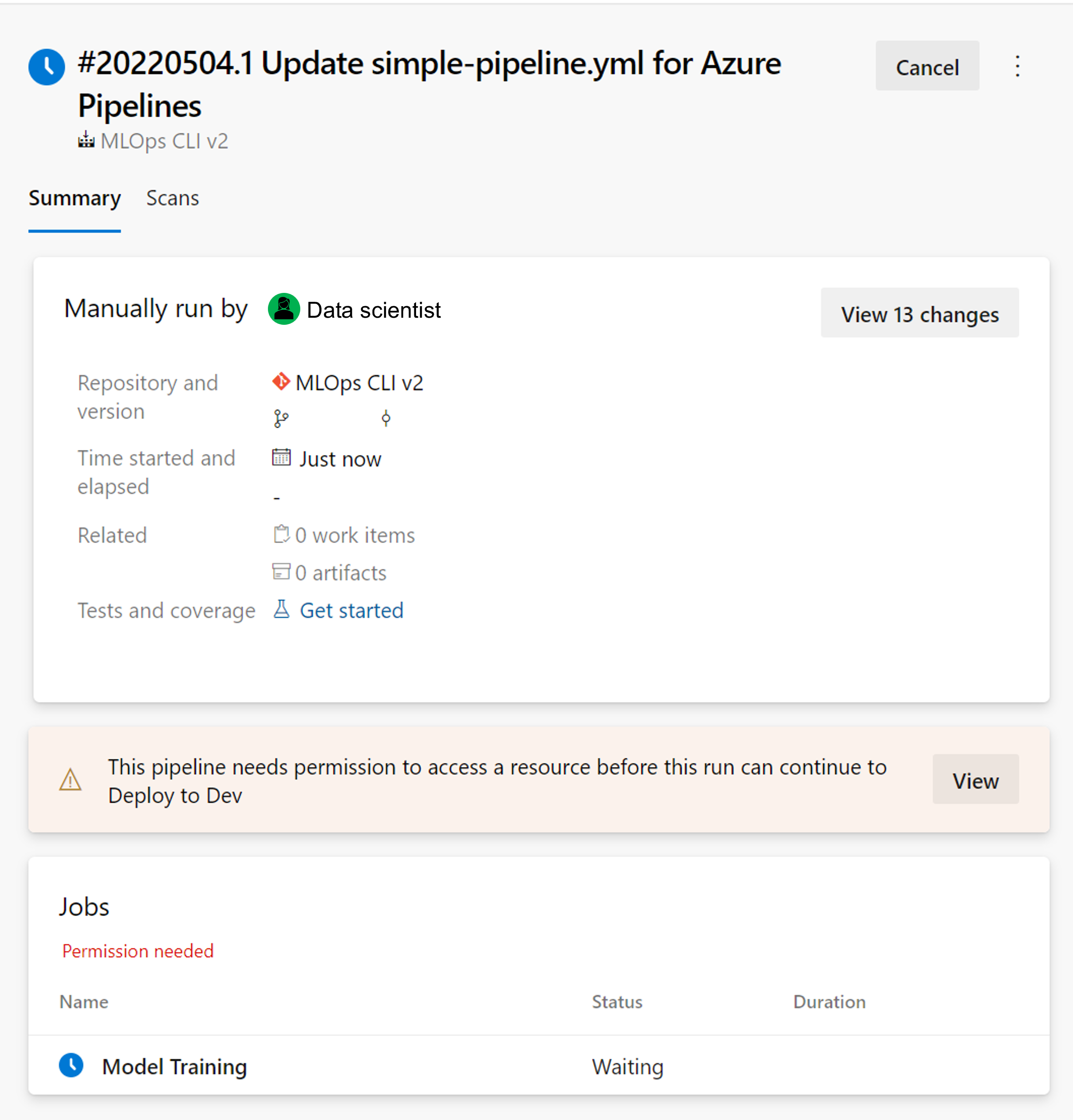 Azure Pipelines での要求された承認のスクリーンショット。