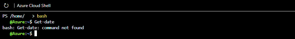 get-date コマンドが見つからないという BASH エラー メッセージのスクリーンショット。