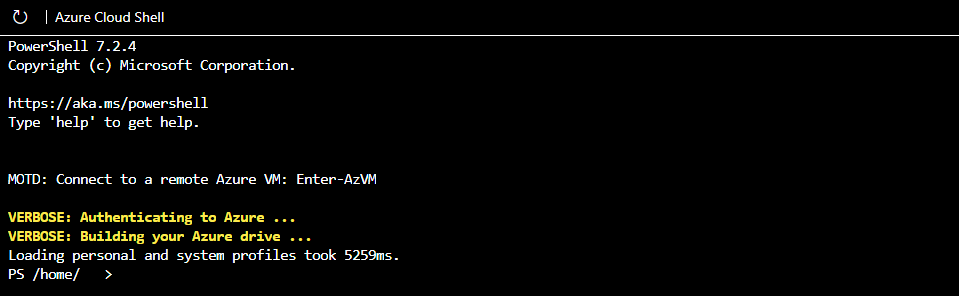 初期起動時の Azure PowerShell CLI のスクリーンショット。