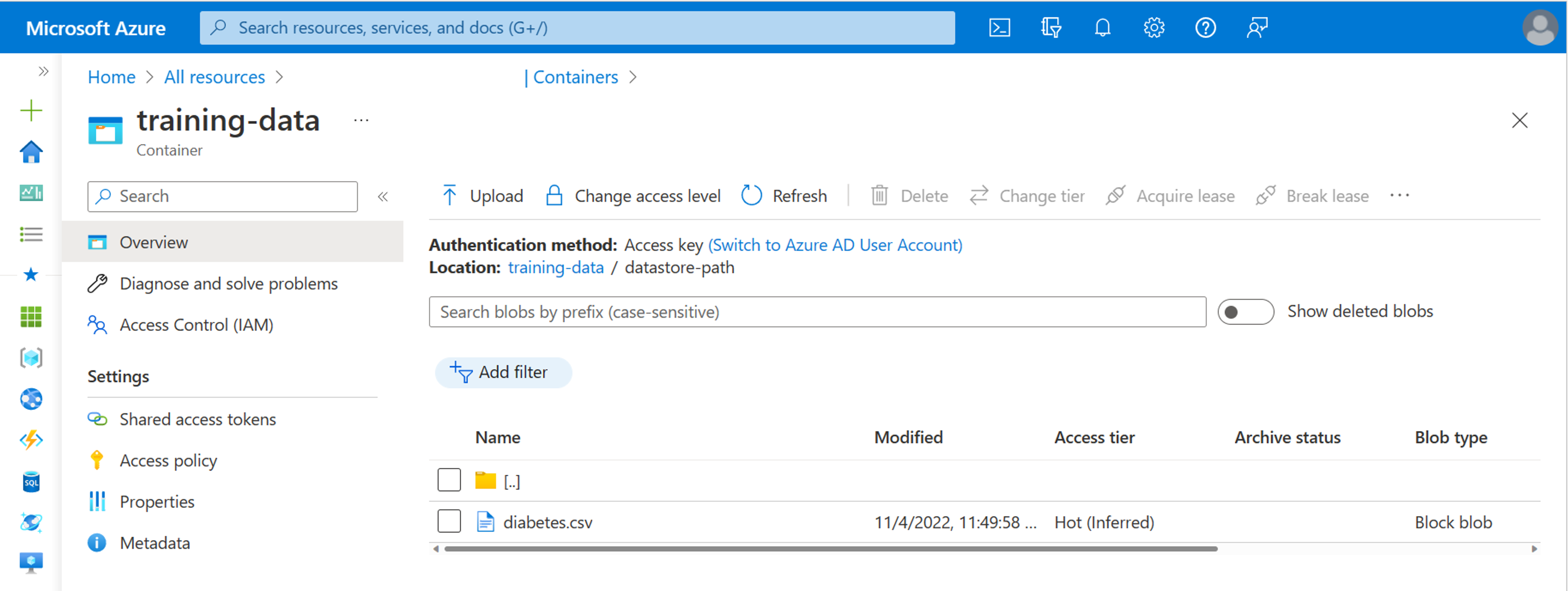 Azure Blob ストレージ内の格納データのスクリーンショット。