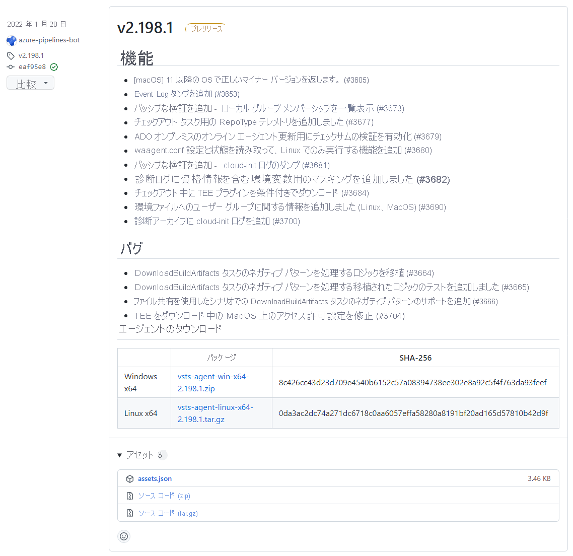 GitHub のリリース ノートのスクリーンショット。