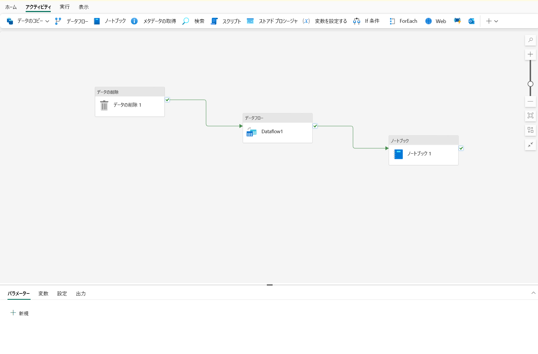 Microsoft Fabric のパイプラインのスクリーンショット。