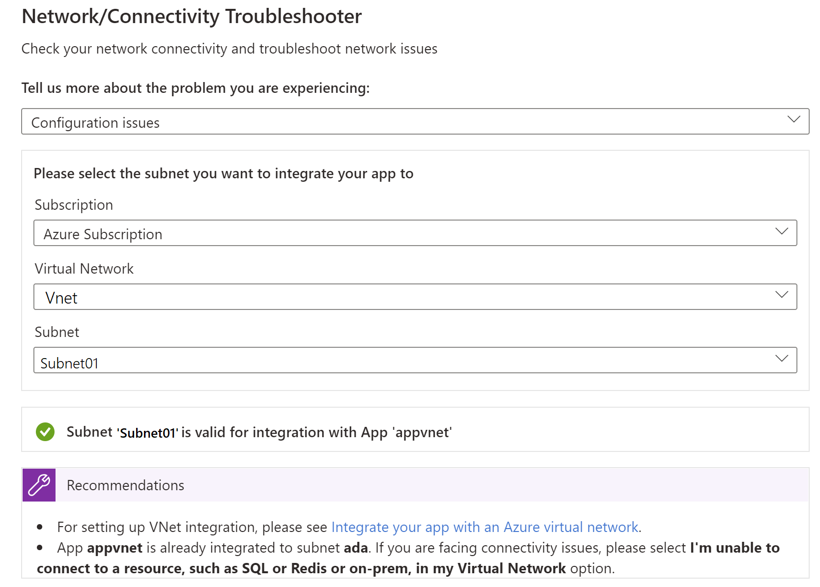 Azure portalの構成に関する問題のトラブルシューティング ツールを実行する方法を示すスクリーンショット。