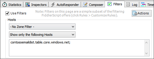 contosoemaildist.table.core.windows.net ストレージ エンドポイントに送信されたトラフィックのみをキャプチャするフィルターを示すスクリーンショット。