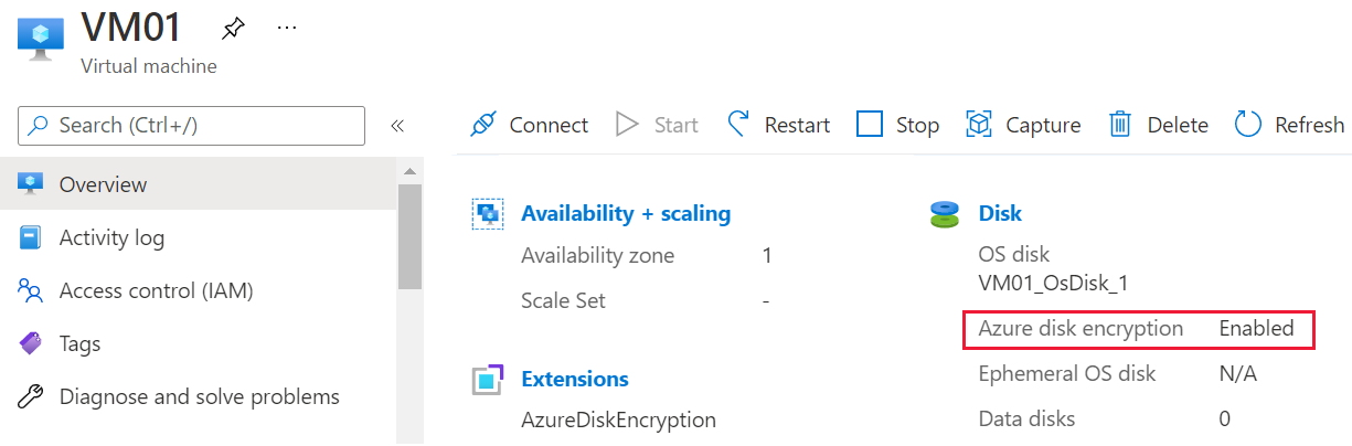 Azure portal の VM の [概要] ブレードのスクリーンショット。ディスク上で A D E が有効になっていることを示しています。