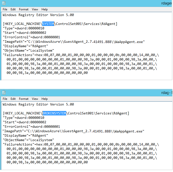 元のエントリ値と rdagent reg ファイルの変更されたエントリ値のスクリーンショット。